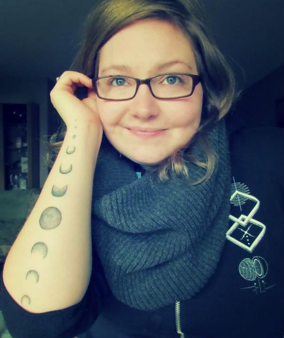Grey Ink Phases Of The Moon Tattoo On Girl Right Arm