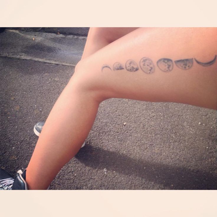 Grey Ink Phases Of The Moon Tattoo On Left Thigh