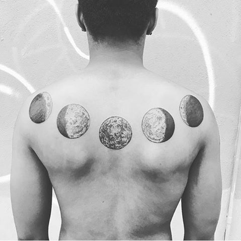 Grey Ink Phases Of The Moon Tattoo On Man Upper Back