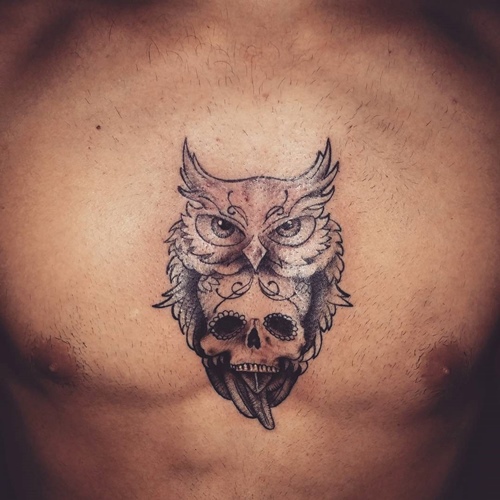 Grey Ink Small Owl With Skull Tattoo On Man Chest