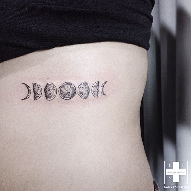 Grey Ink Small Phases Of The Moon Tattoo On Side Rib