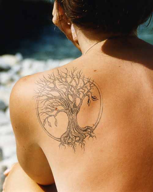 Grey Ink Small Tree Of Life Tattoo On Left Back Shoulder