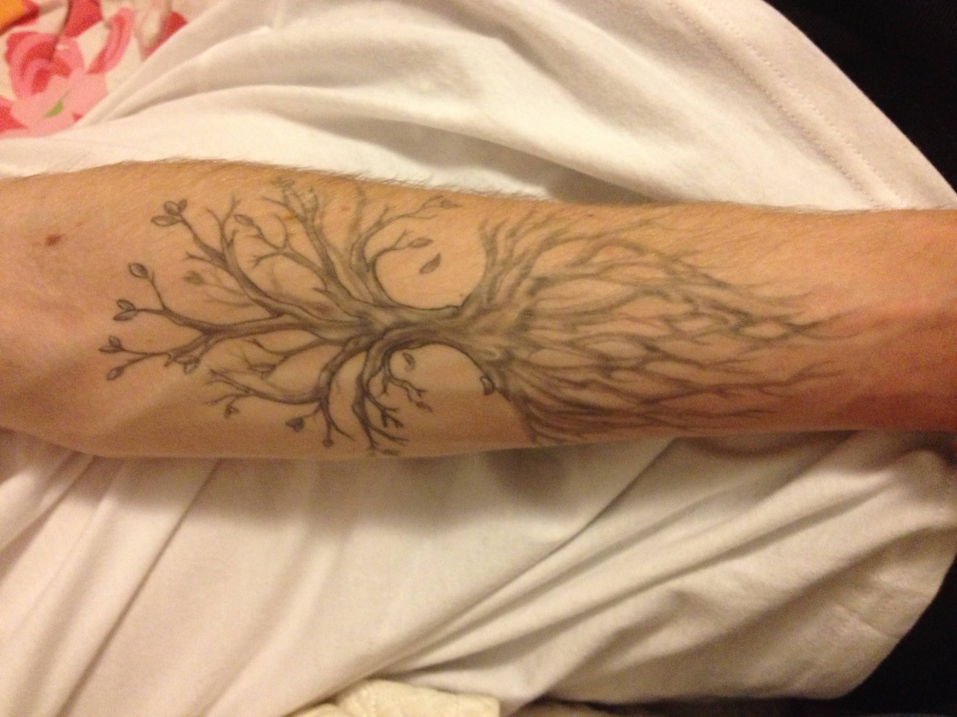 Grey Ink Tree Of Life Tattoo On Left Forearm