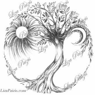 Grey Ink Tree Of Life With Sun And Moon Tattoo Design By Liza Paizis