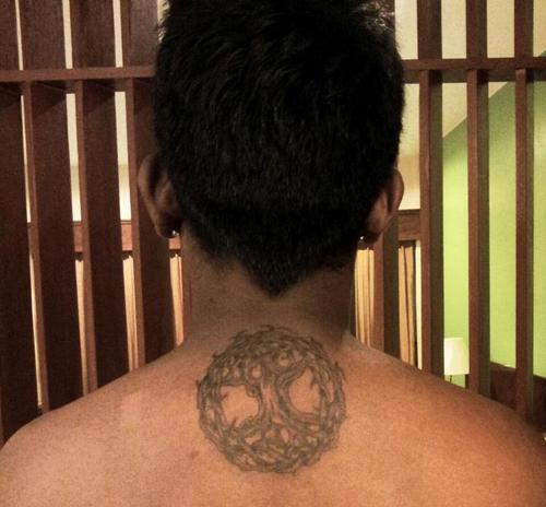 Grey Ink Tree of Life Tattoo On Back Neck