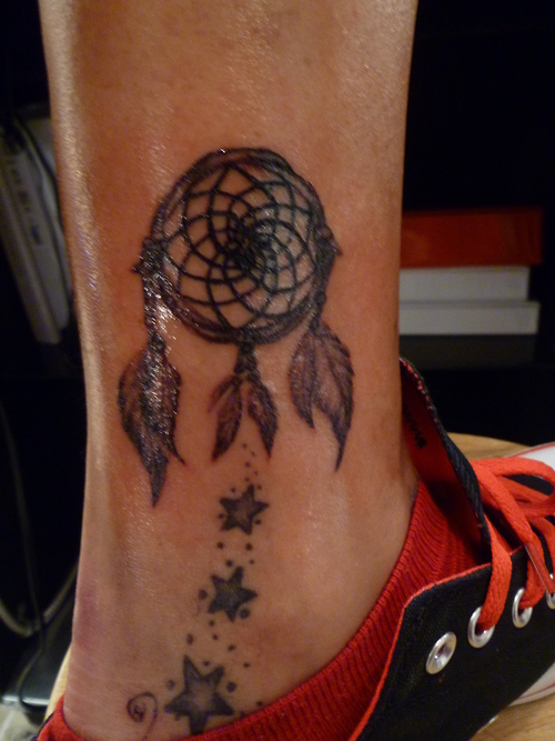 Grey Stars And Dreamcatcher Ankle Tattoo