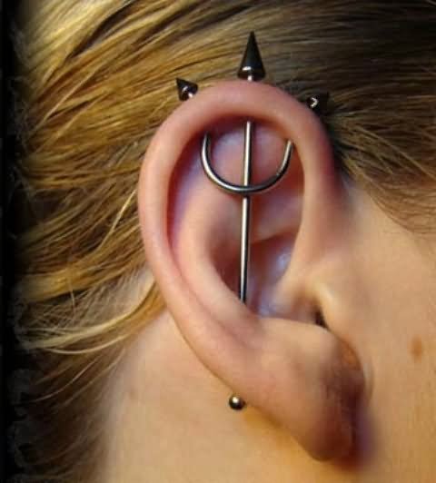 Helix To Conch Piercing With Trishul Jewelry