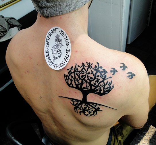 Impressive Black Tree Of Life With Flying Birds Tattoo On Man Right Back Shoulder