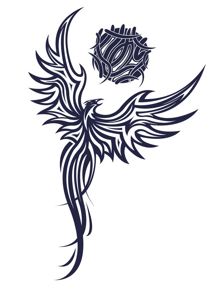 Impressive Black Tribal Flying Phoenix Tattoo Stencil
