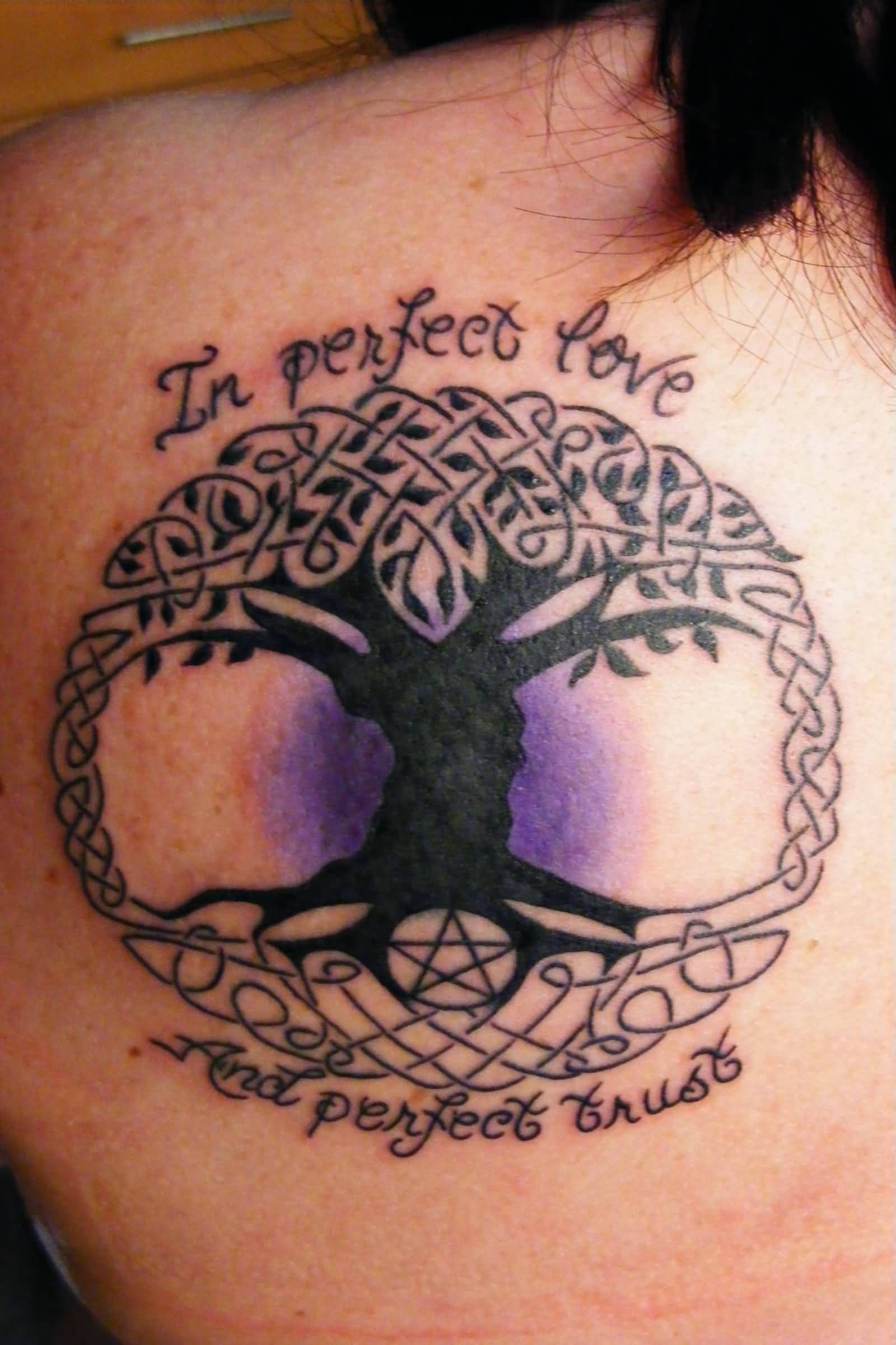 In Perfect Love And Perfect Trust - Black Celtic Tree Of Life Tattoo On Left Back Shoulder