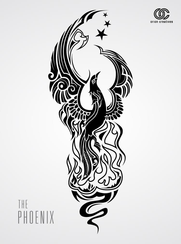 Inspiring Black Tribal Phoenix With Stars Tattoo Design By Orion Champadiyil