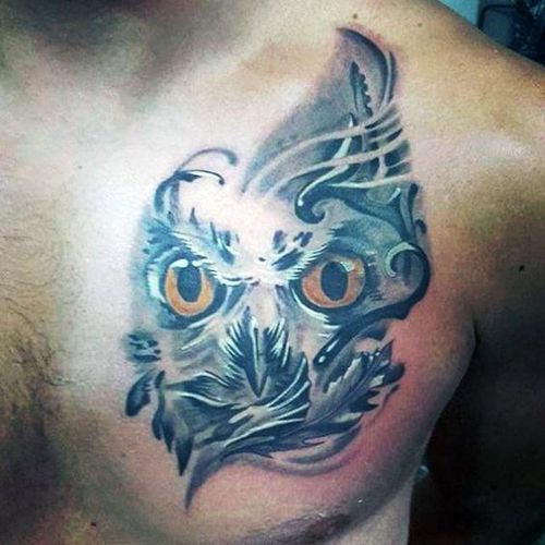 Inspiring Owl Head Tattoo On Man Left Chest
