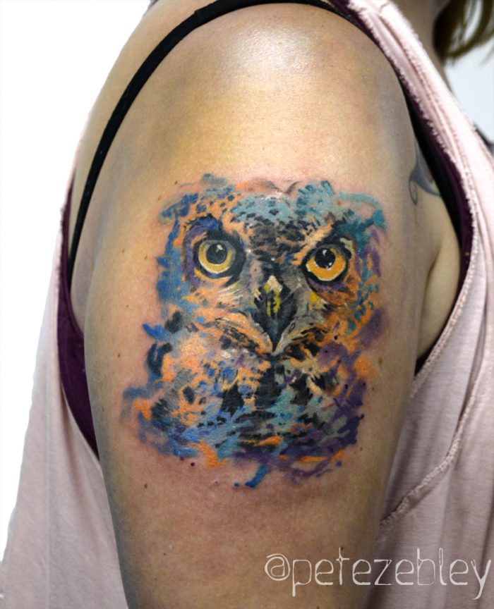 Inspiring Watercolor Owl Tattoo On Girl Right Shoulder