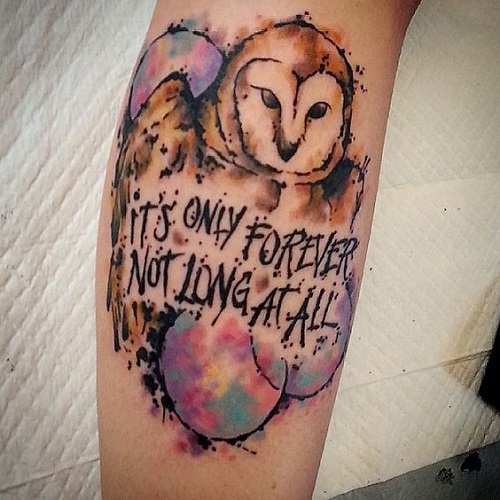 Its Only Forever Not Long At All - Watercolor Owl Tattoo Design For Sleeve