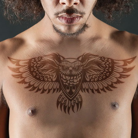 Latest Black Ink Flying Owl Tattoo On Man Chest