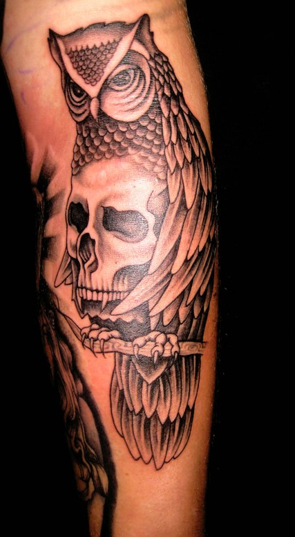 Latest Black Ink Owl With Skull Tattoo Design For Full Sleeve By Merry Wilson