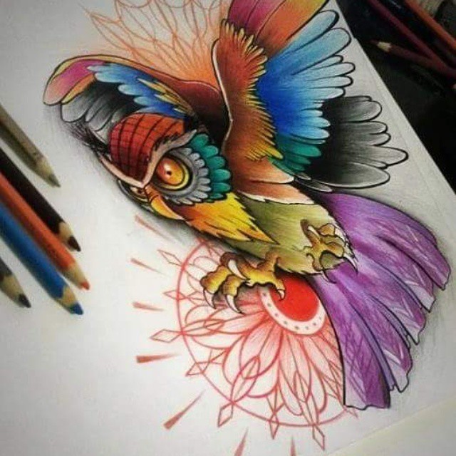 Latest Colorful Flying Owl Tattoo Design