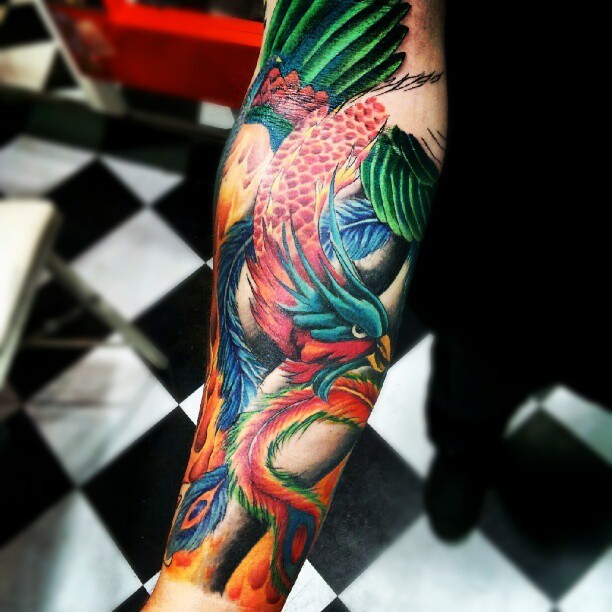 Latest Colorful Phoenix Tattoo On Forearm