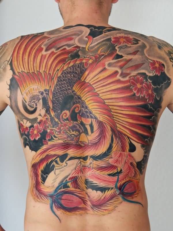 Latest Colorful Phoenix Tattoo On Man Full Back