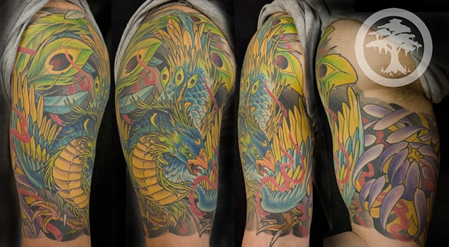 Latest Colorful Phoenix Tattoo On Right Half Sleeve