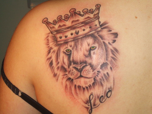 Leo - Crown On Lion Head Tattoo On Left Back Shoulder