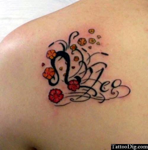 Leo Zodiac Sign With Flowers Tattoo On Left Back Shoulder