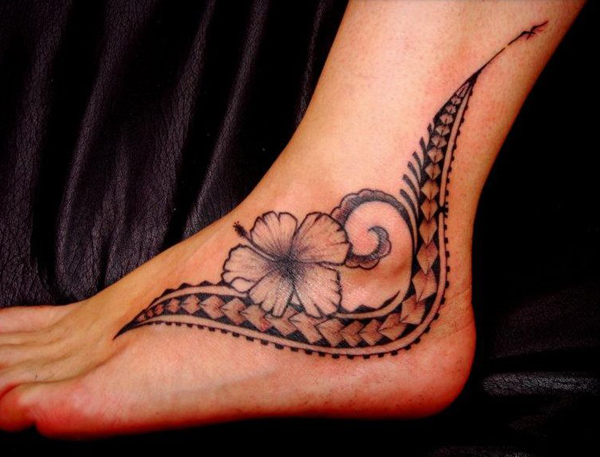 Lily Flower And Tribal Ankle Band Tattoo