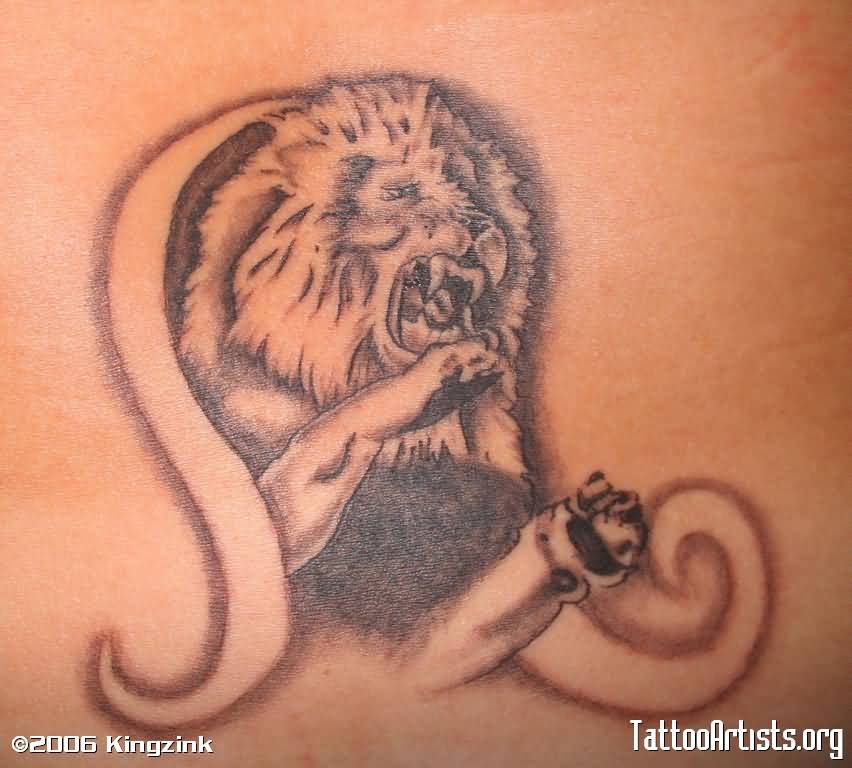 Lion With Leo Zodiac Sign Tattoo Design