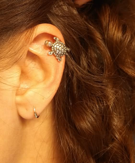 Lobe And Helix Piercing With Turtle Jewelry