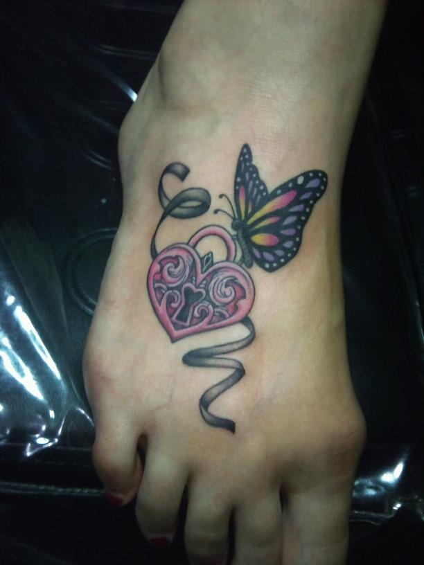 Lock Heart And Butterfly Foot Tattoo