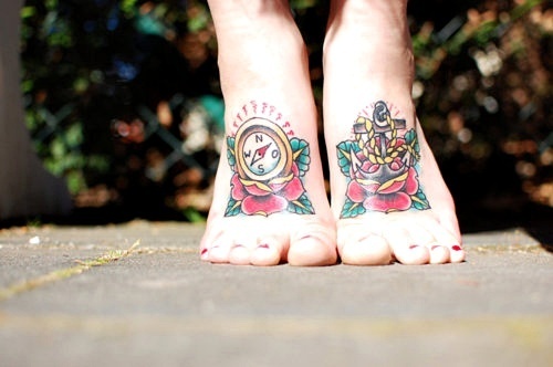 Nautical Anchor And Compass Foot Tattoo