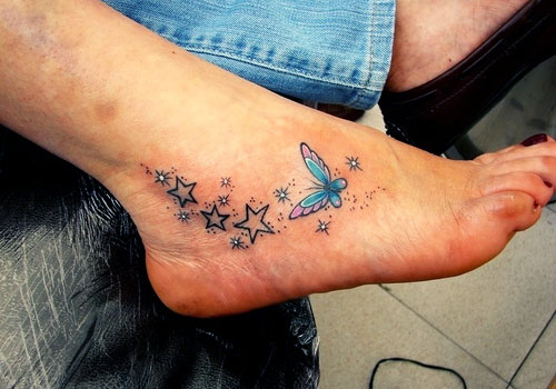 Nice Butterfly And Cute Stars Foot Tattoo