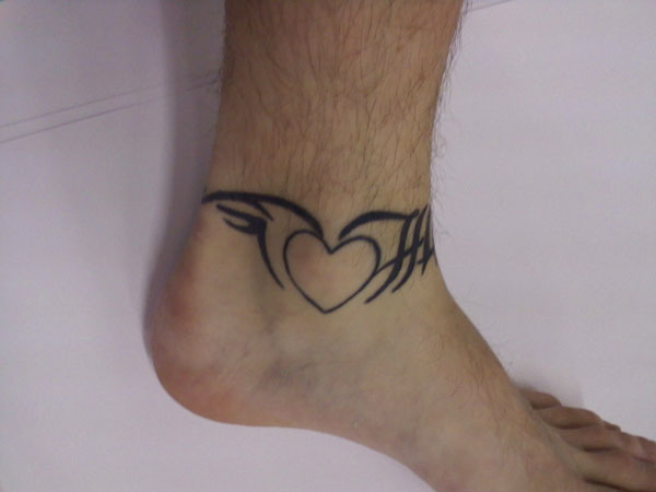Outline Heart And Tribal Ankle Band Tattoo