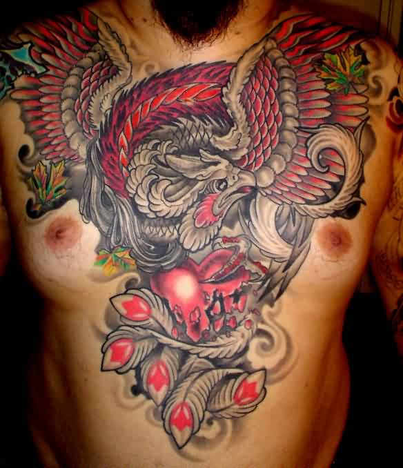 Pink And Grey Japanese Phoenix Tattoo On Man Chest
