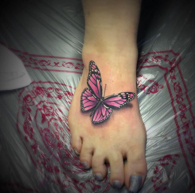 Pink Butterfly Right Foot Tattoo For Girls
