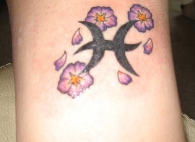 Pisces Zodiac Sign With Flower Tattoo Design For Sleeve