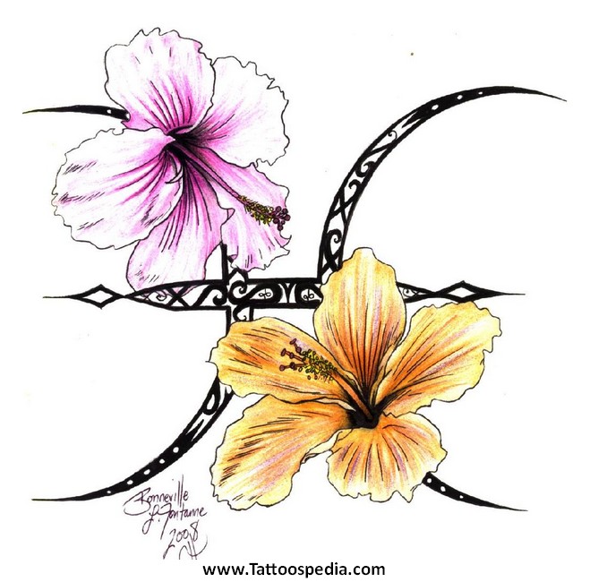 Pisces Zodiac Sign With Flowers Tattoo Design