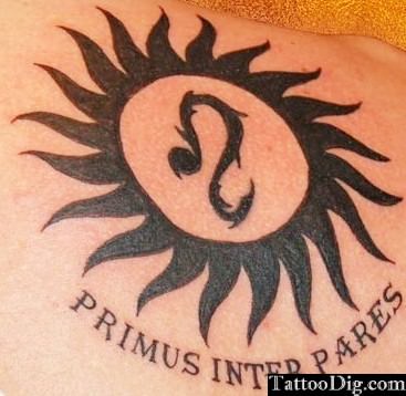 Primus Inter Pares - Black Leo Zodiac Sign In Sun Tattoo Design