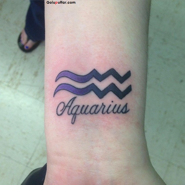 Purple Ink Aquarius Zodiac Sign Tattoo Design For Wrist