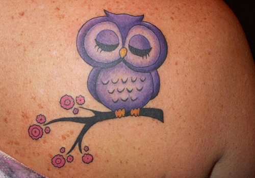 Purple Ink Cute Baby Owl On Branch Tattoo On Right Back Shoulder