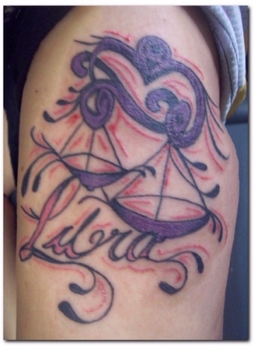 Purple Ink Libra Zodiac Sign Tattoo On Right Shoulder