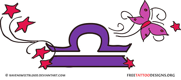 Purple Ink Libra Zodiac Sign With Stars And Butterfly Tattoo Design
