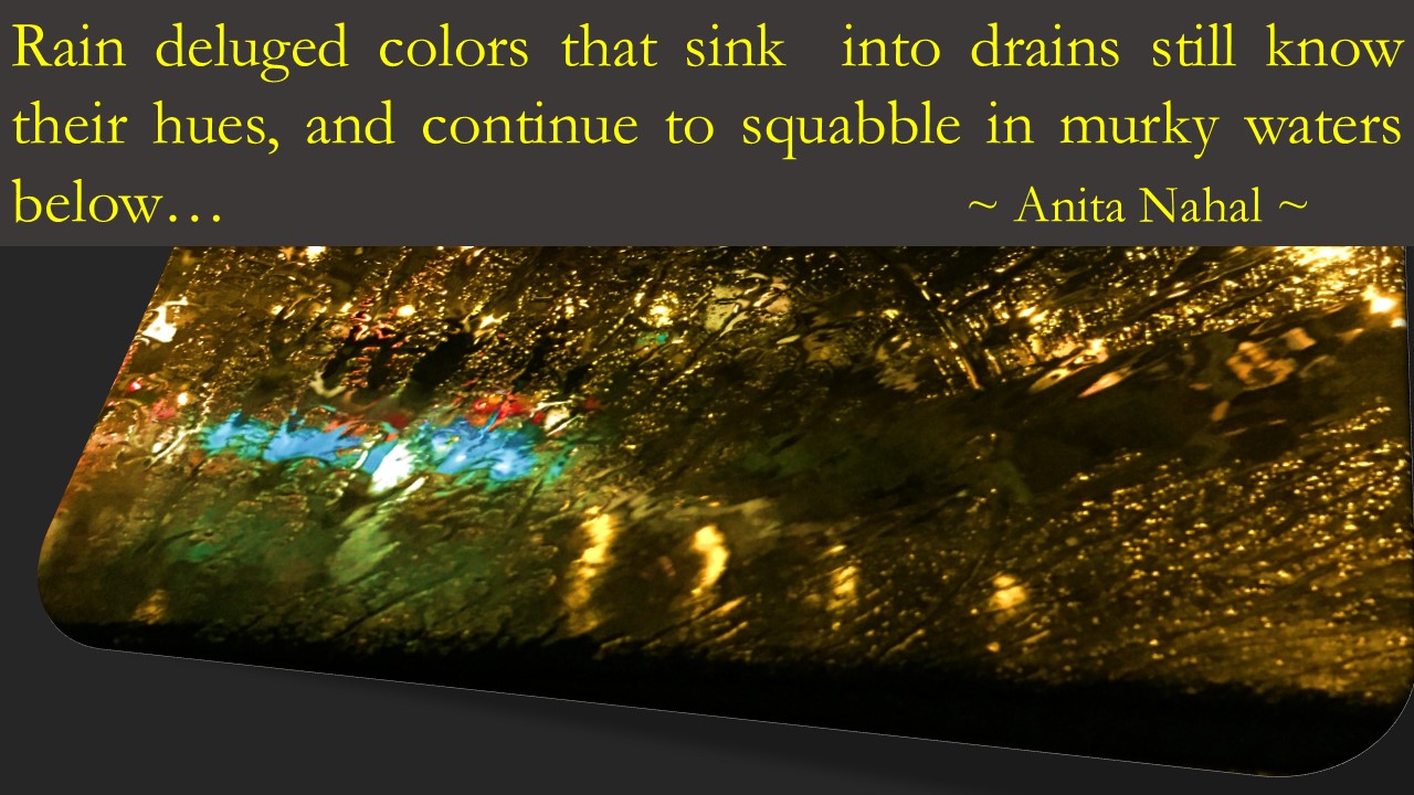 Rain Deluged colors that sink into drains still know their hues, and continue to squabble in murky waters below. Anita Nahal