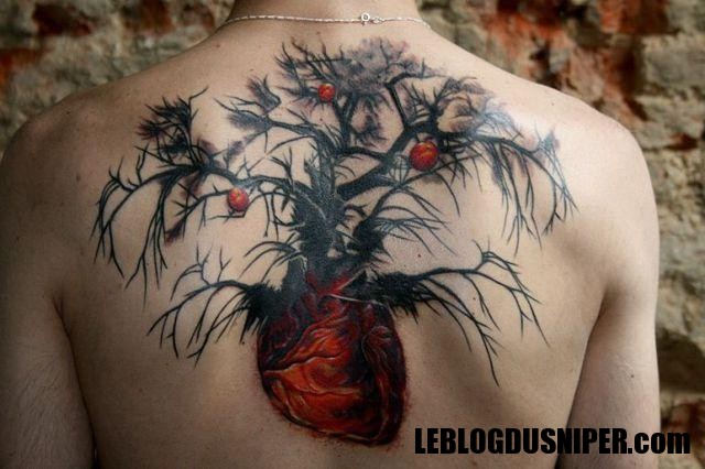 Real Heart Tree Of Life Tattoo On Upper Back
