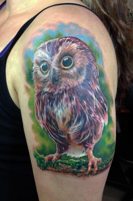 Realistic Baby Owl Tattoo On Left Shoulder By Karl Berringer