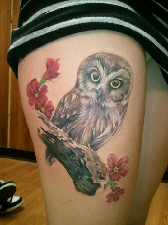 Realistic Owl On Branch Tattoo On Right Thigh