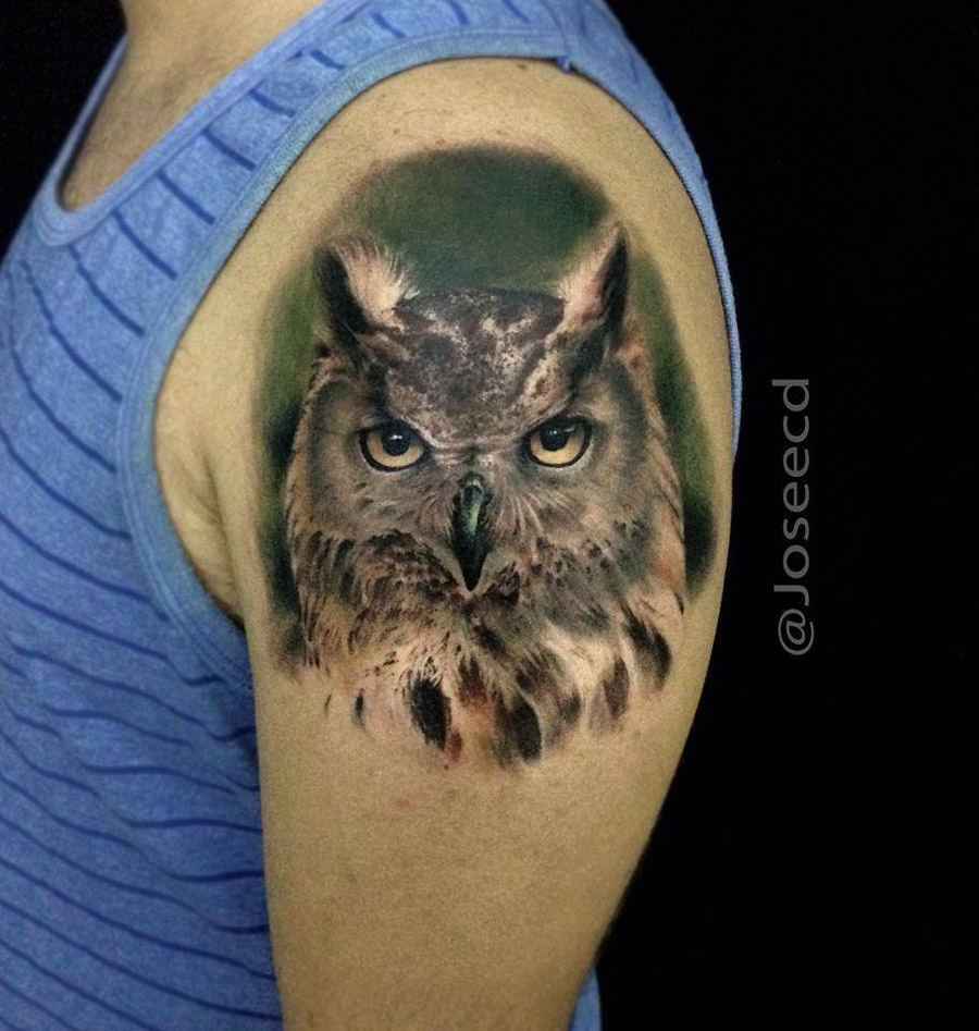 Realistic Owl Tattoo On Man Left Shoulder By Eddie Stacey