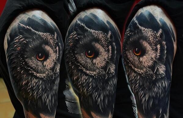 Realistic Owl Tattoo On Right Half Sleeve