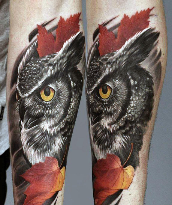 Realistic Owl With Leaves Tattoo Design For Sleeve
