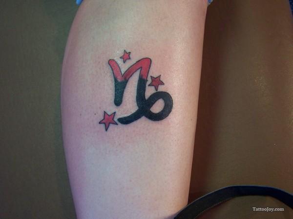 Red And Black Capricorn Zodiac Sign With Stars Tattoo Design For Leg